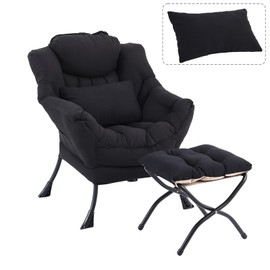 DreamNook Lazy Chair with Ottoman, Modern Accent Chair with Lumbar Pillow, Comfy Chair with Folding Footrest for Bedroom, Reading, Oversized Supportive Lounge Chair(Black)