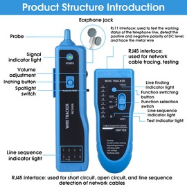MOOCCI Cable Tracer Ethernet Network Cable Tester RJ45 RJ11 - Wire Toner Tracker CAT5 CAT6 Continuity Tester - Tone Generator and Probe Kit Telephone Line Finder Locator Detector Tool - Blue