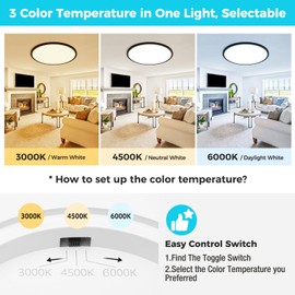 libtit 20 Inch LED Ceiling Light, 4200LM 35W Large & Bright Flush Mount Lighting Fixture, 3000K/4500K/6000K White Round Flat LED Ceiling Lamp for Bedroom Kitchen Livingroom Office (Black)