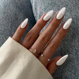 YOSOMMK White Fake Nails Medium Press on Nails Almond Glossy Acrylic Glue on Nails Full Cover Artificial False Nails for Women and Girls