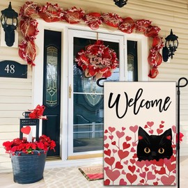 Valentines Day Garden Flag for Outside 12x18 Double Sided Black Cat Love Garden Flags 3 Ply Valentines Welcome Garden Flag for Outdoor House Anniversary Wedding Farmhouse Yard Garden Decorations