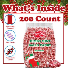 Christmas Peppermint Candy, Jumbo Peppermint Balls, Bulk 200 Count, 3.96 Lb, Red and White Striped Individually Wrapped Hard Peppermint Candies, Christmas Candy Stocking Stuffer in Classic Holiday Flavor, Candy Mint Balls
