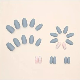 AMERICAN NAILS 24pcs Press On Nails,European And American Blue Grey Nails, Sjort Flash...