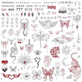 3 Sheets Temporary Tattoos for Women, Fine Line Realistic Fake Tattoos, Minimalist Gothic Body Art Stickers, Tiger Snake Angel Designs for Hand Arm Shoulder, Halloween Costume Party Gifts