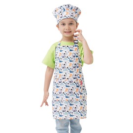 ALIPOBO Kids Apron and Chef Hat Set, Children's Kitchen Cooking Aprons with 2 Pockets for Boys Girls Toddler Painting Baking (Dinosaur White, 6-12 Years)