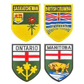 4 Pcs Canada Ontario/British Columbia/Manitoba/Saskatchewan Province Shield National Emblem Patch with Hook and Loop for Outdoor Travel Backpack Hats Jackets Jeans Biker Team Uniform