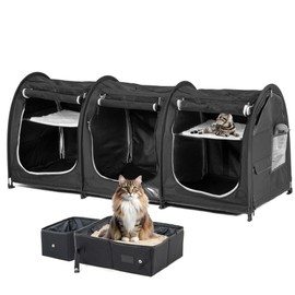Portable Three Compartment Show House Cat Cage Condo - Easy to Fold & Carry Kennel - Comfy Puppy Home & Dog Travel Crate with Portable Carry Bag,2 Hammocks,3 Mats and Collapsible Litter Boxs