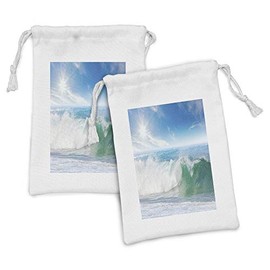 Lunarable Wave Fabric Pouch Set of 2, Summer Vacation Theme Seascape with Wave and Clear Sky Travel Surf, Small Drawstring Bag for Toiletries Masks and Favors, 9" x 6", Fern Green Pale Blue