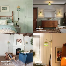 Vintage Wall Sconce, Wall Mounted Lamps with Green Checker Sconce, Stained Glass Shade Gold Wall Lights Fixture with Plug in Cord and Switch for Bedroom Bathroom Living Room Hallway