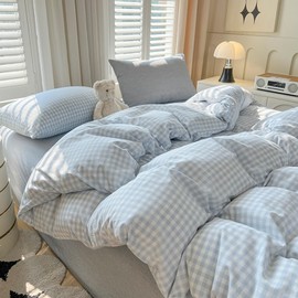 Blue Gingham Duvet Cover Set King Size Plaid Grid Checkered Bedding Set 3 Pcs Soft Washed Microfiber Comforter Cover with Zipper Ties Home Deco