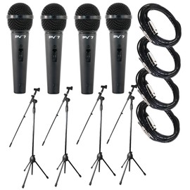 Package 4x Peavey PV7 Dynamic Cardiod Microphones With Cables + 4x Microphone Stands