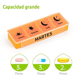 Opret Pastillero Semanal 4 Tomas Español, Pastillero Diario Grande 7 Dias, Dosificador de Comprimidos con 28 Compartimentos, Organizador de Pastillas para Viaje