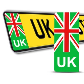 Biomar Labs® 2 x Vinyl UK Car Number Plate Stickers Green EV Electric Brexit United Kingdom Union Jack Flag Decals Badge QV 6