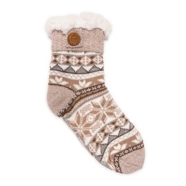 MUK LUKS Women's Fold Over Button Tab Cabin Sock, Brown, S/M