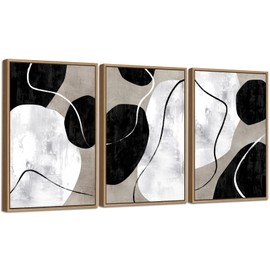 Minimalist Abstract Boho Wall Art - Natural Framed Abstract Canvas Picture Stone Painting Rock Line Artwork Modern Geometric Canvas Prints for Home Wall Decor 16" x 24" * 3 Tan Grey White Black