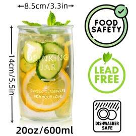 Dingerjar 20 OZ Glass Cup Set of 6, Elegance Modern Simplicity Drinking Glasses Tumblers for Cold Drinks, Cocktails, and Beverages.