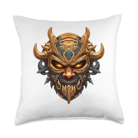 Scary Golden Yokai Oni Mask Japanese Anime Warrior Throw Pillow