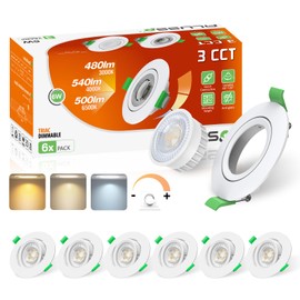 ALUSSO 230 V LED Recessed Spotlight, 76 mm, 6 W Tilt, Flat, 3CCT Spotlights, Warm White, 3000 K, Natural White, 4000 K, Cool White, 6500 K, Removable Recessed Spotlight, Dimmable for Kitchen, Living