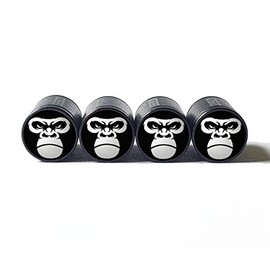 Gorilla Ape Face (White) Tire Valve Stem Caps - Black Aluminum - Set of Four