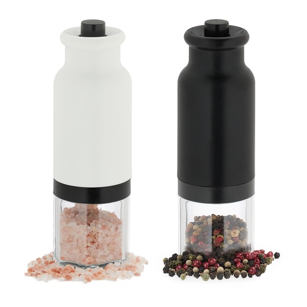 Relaxdays Salt and Pepper Mill Set of 2 Plastic Ceramic Grinders Electric Chilli Grinders for Spices White/Black
