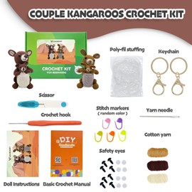 Couple Kangaroos Crochet Kit for Beginners Intermediates, 2 Pcs Animals Crochet Starter Kit w Step-by-Step Video Tutorial, Easy Knitting Set for Kids Adults Crocheting Doll Xmas Gift