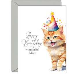 Birthday Cards for Mom - Party Hat Cat Kitten - Happy Birthday Card for Mom from Son Daughter, A5 Bday Gifts Greeting Cards for Women Her