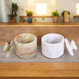 Marble Hives Marble Salt Cellar With Lid- Pack Of 2 Marble Salt And Pepper Bowls- Salt Holder With Lid To Put Salt, Paprika, Pepper, And Spice (Onyx Green & White, Style 01)