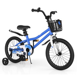 COSTWAY Kids Bike, 18 Inch Toddler Bike with Kickstand for Boys & Girls Aged 3-8 Years Old, Kids Bicycle w/Removable Training Wheels, Handbrake & Coaster Brake, Basket, Bell (Blue, Graffiti Pattern)