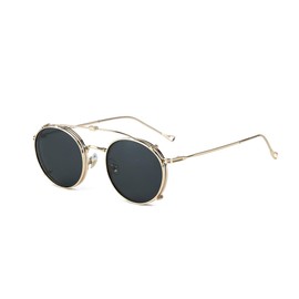 kachawoo Round Polarised Sunglasses Men UV400 Lens Clip On Sunglasses Women Metal Frame Flip Up Glasses, Gold with black