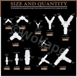 Wokape 36pcs Plastic Hose Barb Fitting Kit, 3/32 Inch 5/32 Inch 7/32 Inch 1/16 Inch 3/16 Inch 5/16 Inch 7/16 Inch 9/16 Inch 3/8 Inch 1/4 Inch 1/2 Inch Stright/L/T/Y-Shaped Reducer Fittings Pipe