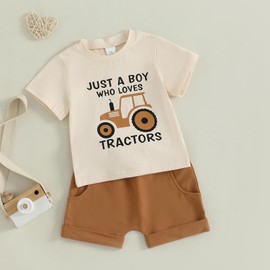 Lucikamy Toddler Baby Boy Summer Clothes Infant Tractor Outfit Letter Print Short Sleeve TShirt Tops and Shorts Sets (Brown-a just, 0-6 Months)