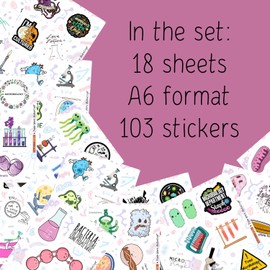 BulbaCraft 100Pcs Microbiology Stickers for Water Bottle and Laptop - Microbiology Party Favors & Decorations, Waterproof Vinyl Decals, Science and Microbe Stickers, Gifts for Women & Men