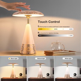 Marrakech Rechargeable Cordless Touch Table Lamp, Portable Dimmable Wireless Desk Lamp, Retro Magnetic LED Nightlight Lamp with 360° Rotating Shade, 3-Color Light, Type-C Charging (White)
