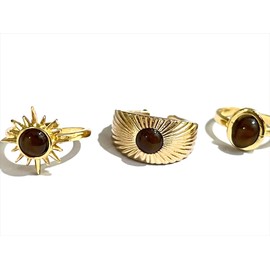 WDKLSJ Set of vintage sun shaped rings, energy tiger's eye stone, gold colour, adjustable