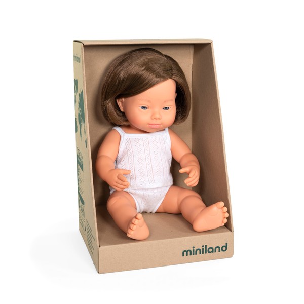 Miniland Anatomically Correct Baby Doll Caucasian Girl Brunette, 38 cm Down Syndrome