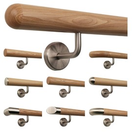 TIBU Ash Wooden Handrail Railing 0.3 m - 6 m, Length 30 cm, End Hemisphere Milled and 2 Angled Holders
