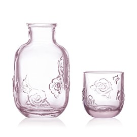 Sizikato 15 Oz Rose Embossed Pink Glass Bedside Night Water Carafe with Tumbler Glass.