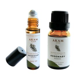 AKAM Aceite Esencial de Romero 100% PURO 15ml + Roll On 10ml | Para el cabello y estrés + aceite esencial para difusor | Aromaterapia y Crecimiento Capilar y anti estrés con Aceites Esenciales Naturales (15ml y 10ml, Aceite de Romero)