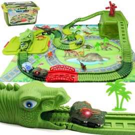 ORPER Toys 186 Pcs Dinosaur Race Track Set Toys for Kids with Flexible Train Tracks, Dinosaur Figures, Dino Race Cars, Play Map and Storage Box for Boys and Girls
