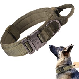 Tactical Nylon Dog Collar - Military Grade, Heavy Duty Metal Buckle with Handle for Training (Green, L)