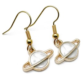 White Planet Charm Earrings, Small Enamel Saturn Charms on Nickel Free Gold Tone Hooks : 30mm, Gift for Women, Starry Night Lover, Planet Drop Earrings