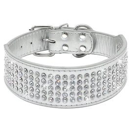 Berry Pet Rhinestones Dog Collars - 2 Inch Wide & 5 Rows Full Sparkly Crystal Diamonds Studded PU Leather - Beautiful Bling Pet Appearance for Medium & Large Dogs,15-18" White Silver