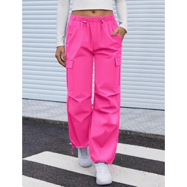 COPYLEAF Cargo Pants Women Elastic Waisted Parachute Hiking Pants with Pockets Water-Resistant Lightweight Baggy Pants(Hot Pink S)