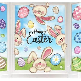 XOYTN 6 Sheets Easter Window Clings，Reusable Double-Sided Easter Bunny Rabbit Egg Window Decals Stickers for Easter Party Home School Office Shop Window Decorations