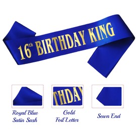 Novaflare 16th Birthday King Sash for Boy, Royal Blue Birthday Sash for 16th Birthday Party Supplies, Birthday Gifts for Boy 16th Birthday Party Favors
