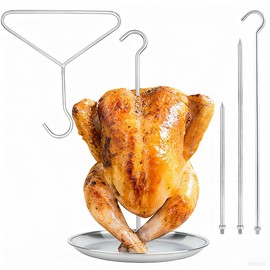 DOLAMOTY Upgraded Multifunctional Turkey Fryer Stand Kit Vertical Skewer, BBQ Turkey Fryer Accessories Poultry Turkey Hanger Chicken Rack for Grill, Stainless Steel