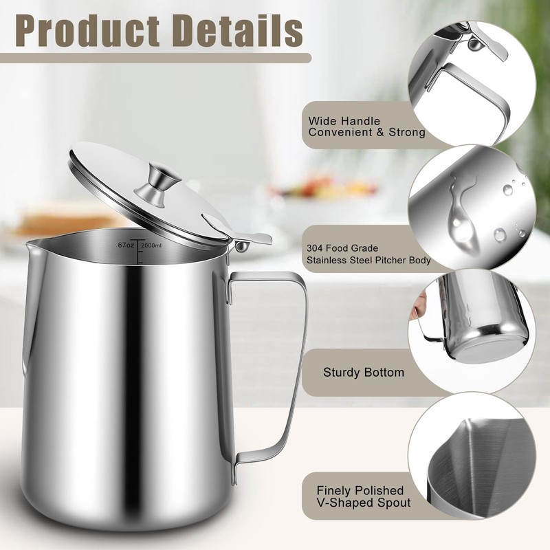67 oz 304 Stainless Steel Pitcher with Lid, 2 L
