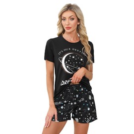 TeJoyce Women's Pyjamas Sets Cotton Short Pjs Set Short Sleeve with Shorts 2 Piece Loungewear Soft Cute Print Sleepwear Ladies Summer Pjs Set Black