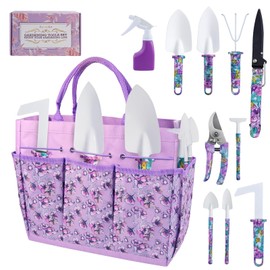 Gardening Tools - 10 Piece Garden Tool Set with Garden Tools and Floral Print Organizer Handbag, Gardening Hand Tools with Gift Box, Fashion Garden Kit, Garden Gifts for Women, Purple