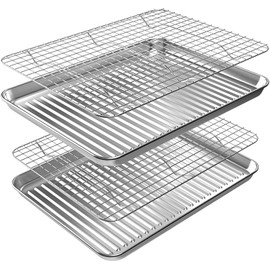 ROTTAY Baking Sheet, Half Sheet Pan with Cooling Rack Set [2 Pans + 2 Racks], Stainless Steel Baking Pan for Oven, Warp Resistant & Heavy Duty & Rust Free, Size 18 x 12 x 1 Inches